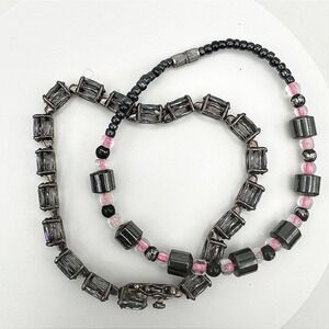 Vintage 90's Black & Pink Hematite Magnetic‎ Necklace & Wrap Bracelet Set Retro